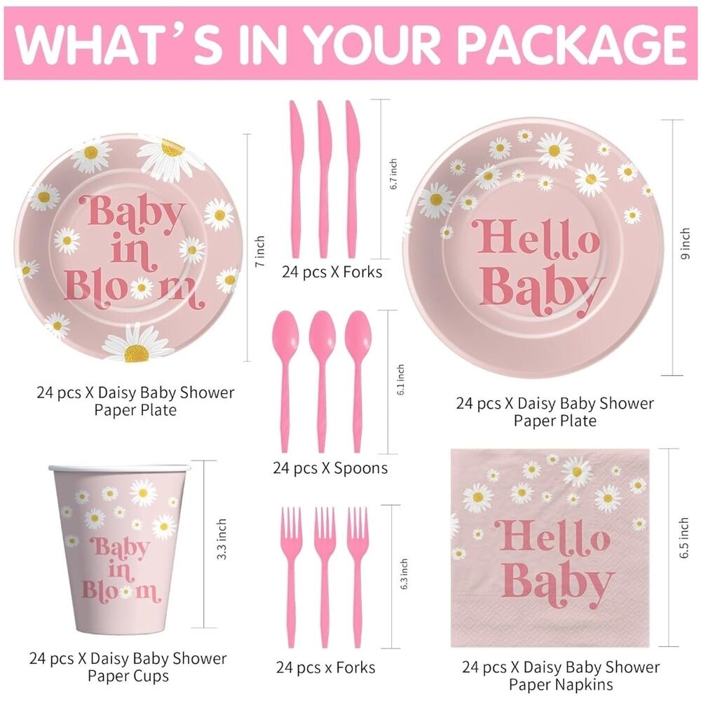Baby Shower Decorations Tableware Daisy Party Supplies Baby Girl Serves 24 S22 - Picture 2 of 5
